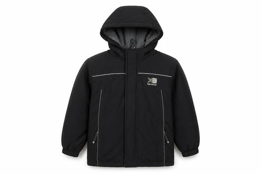 Front view of Karrimor boys’ black puffer jacket, size 4-5, years, winter hooded