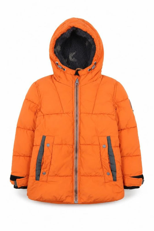 Front view of Next boys’ orange puffer jacket, 4 years, winter essential, hooded