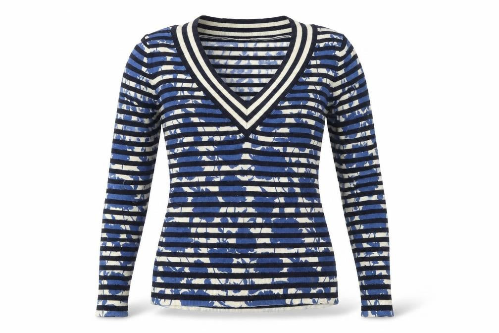 Whistles Women's Blue Striped V-Neck Jumper Size 2