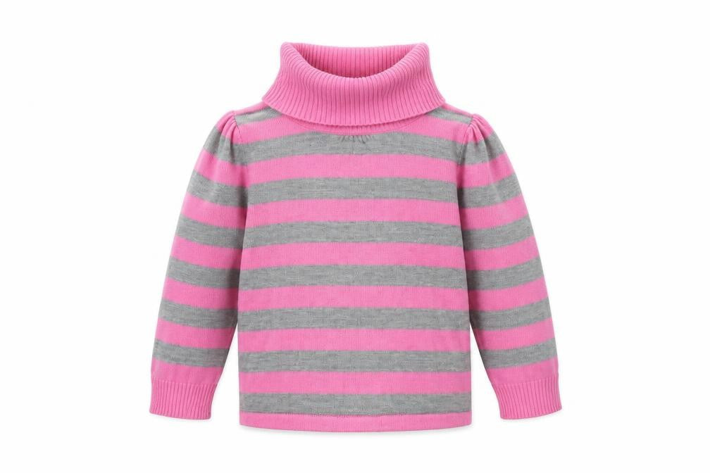 Marks & Spencer Girls Striped Roll Neck Jumper Pink Grey 2-3 Years