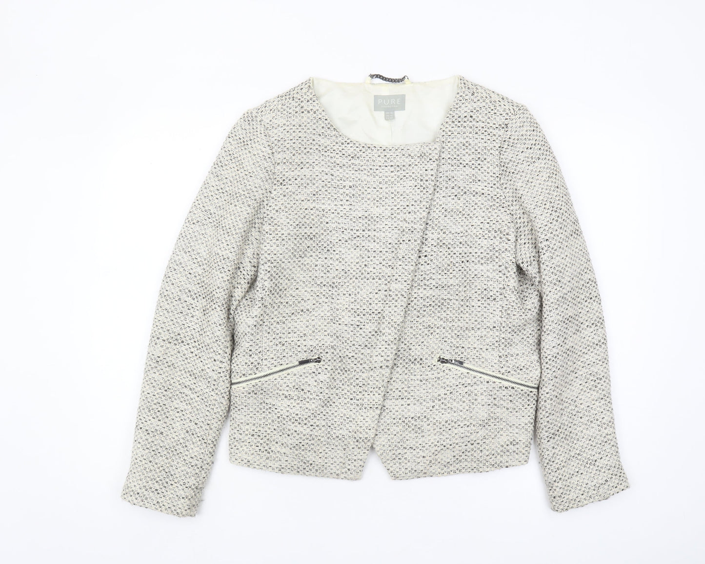 PURE Women's Grey Tweed Jacket Size 16 with Zipped Pockets