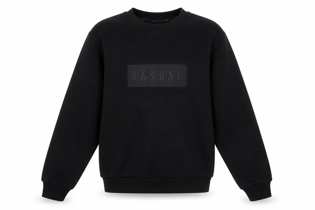 Front view of Rascal boys’ black sweatshirt, 11-12 years, pullover logo
