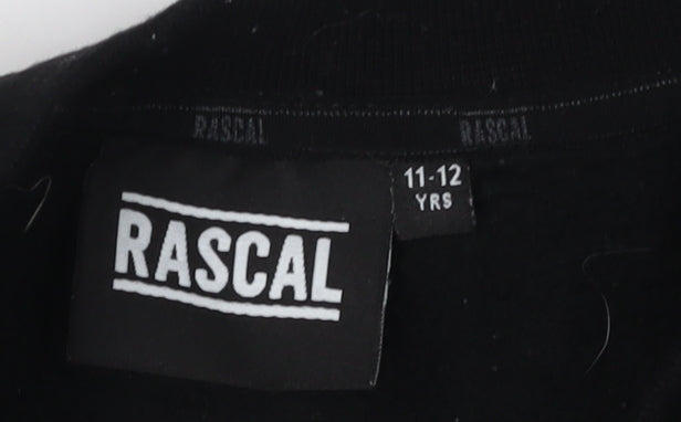 Close-up detail of Rascal boys’ black sweatshirt, 11-12 years, pullover logo