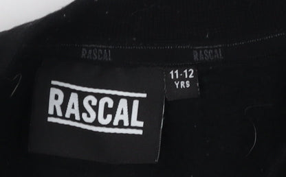 Close-up detail of Rascal boys’ black sweatshirt, 11-12 years, pullover logo