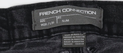 Close-up detail of French Connection Men's Black Skinny Jeans, size 28