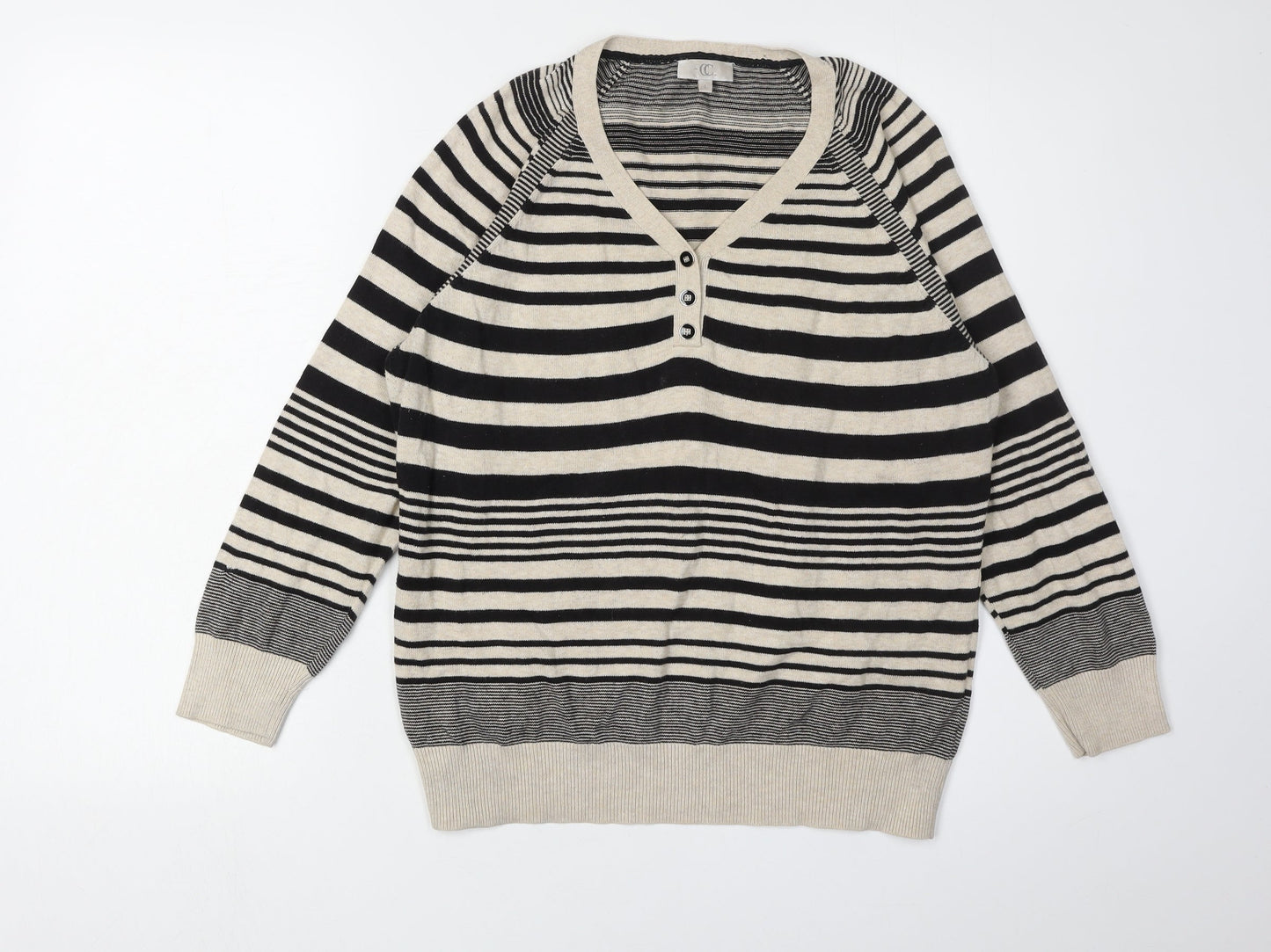 CC Women Black Henley Striped Jumper Size L