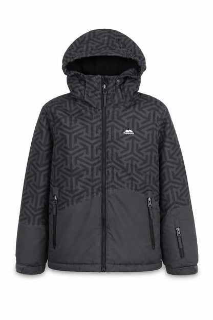 Front view of Trespass boys’ black puffer jacket 7-8 years waterproof