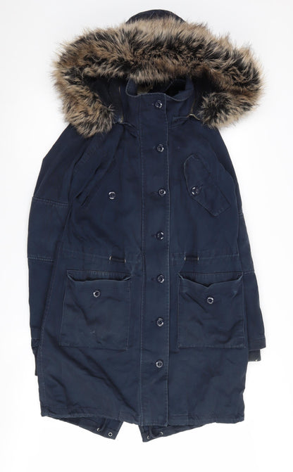 hush Women's Blue Parka Size 6, Fur Trim, Hooded, Lined