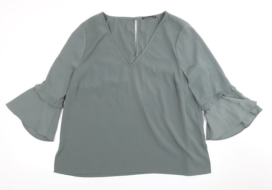 TOKITO Women's Green V-Neck Bell Sleeve Blouse