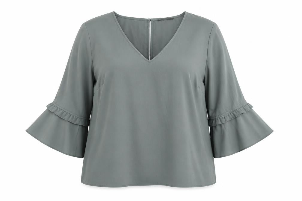 TOKITO Women's Green V-Neck Bell Sleeve Blouse