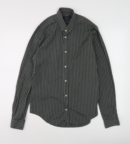 Zara Men Slim Fit Green Striped Long Sleeve Shirt - S