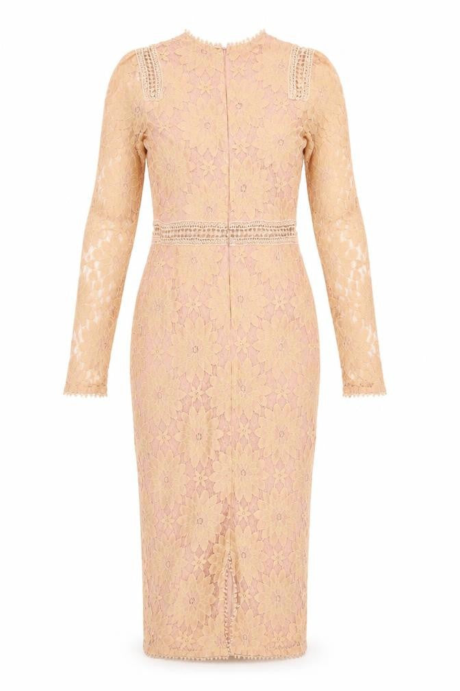 PRETTYLITTLETHING Women's Beige Lace Dress, Size 6, Long Sleeve