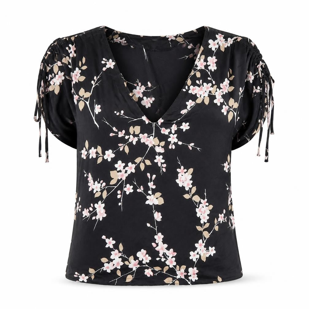 Karen Millen Women's Black Floral V-Neck Top - Size 12