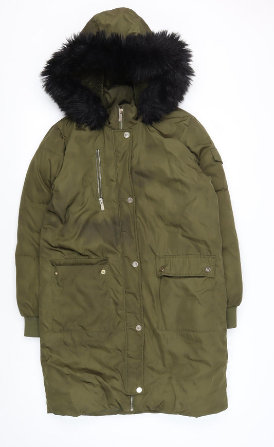 River Island Girls Green 11 Years Parka Coat Fur Trim