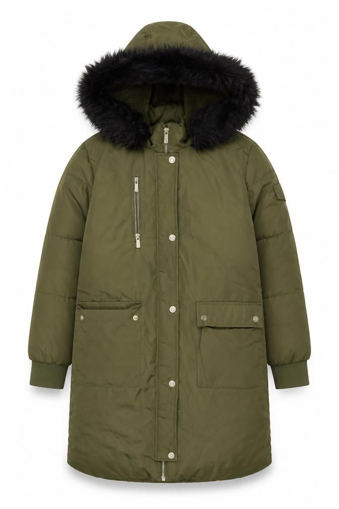 River Island Girls Green 11 Years Parka Coat Fur Trim