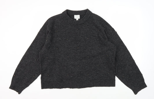 H&M Women's Grey Beaded Pullover Jumper - Size M