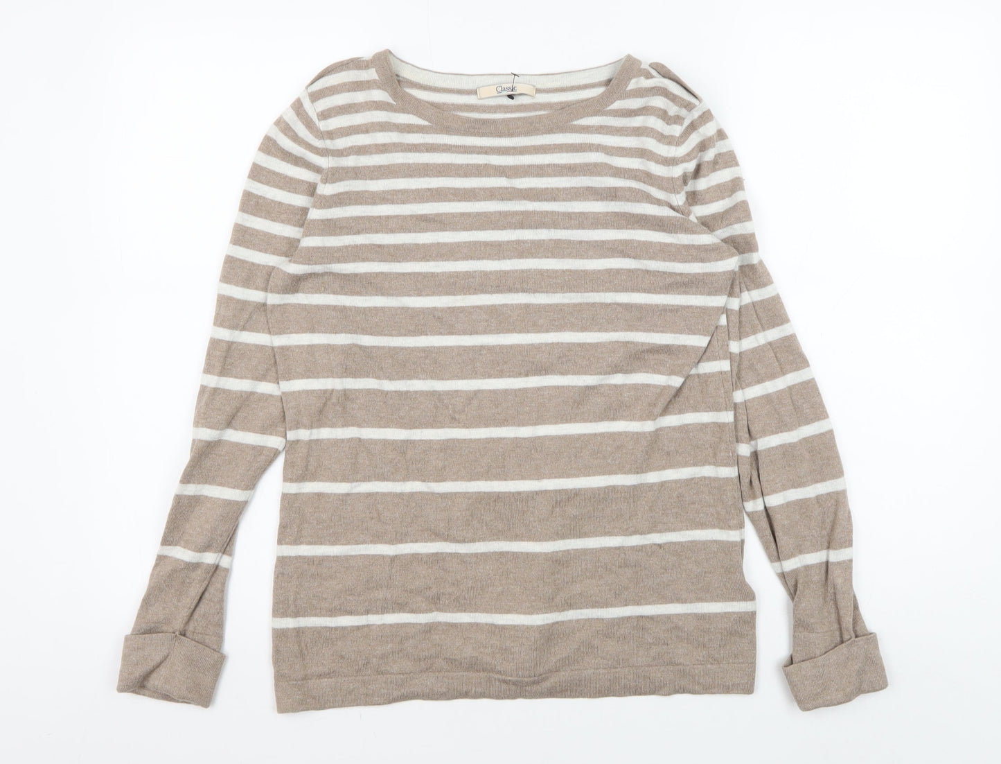 Marks and Spencer Women's Beige Striped Pullover Jumper Size 14
