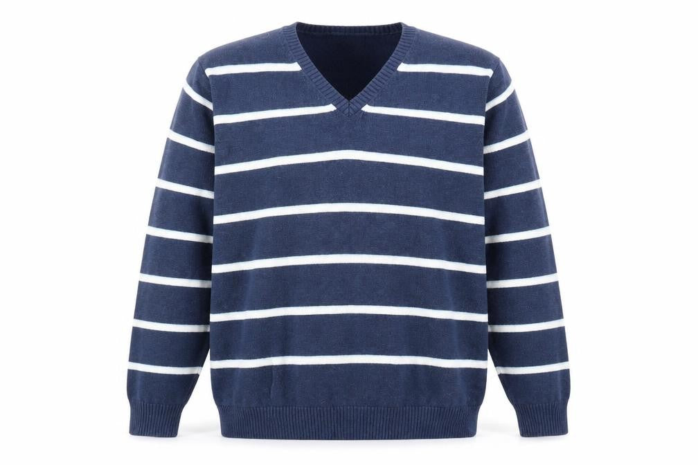 Marks & Spencer Men's Blue V-Neck Striped Jumper L