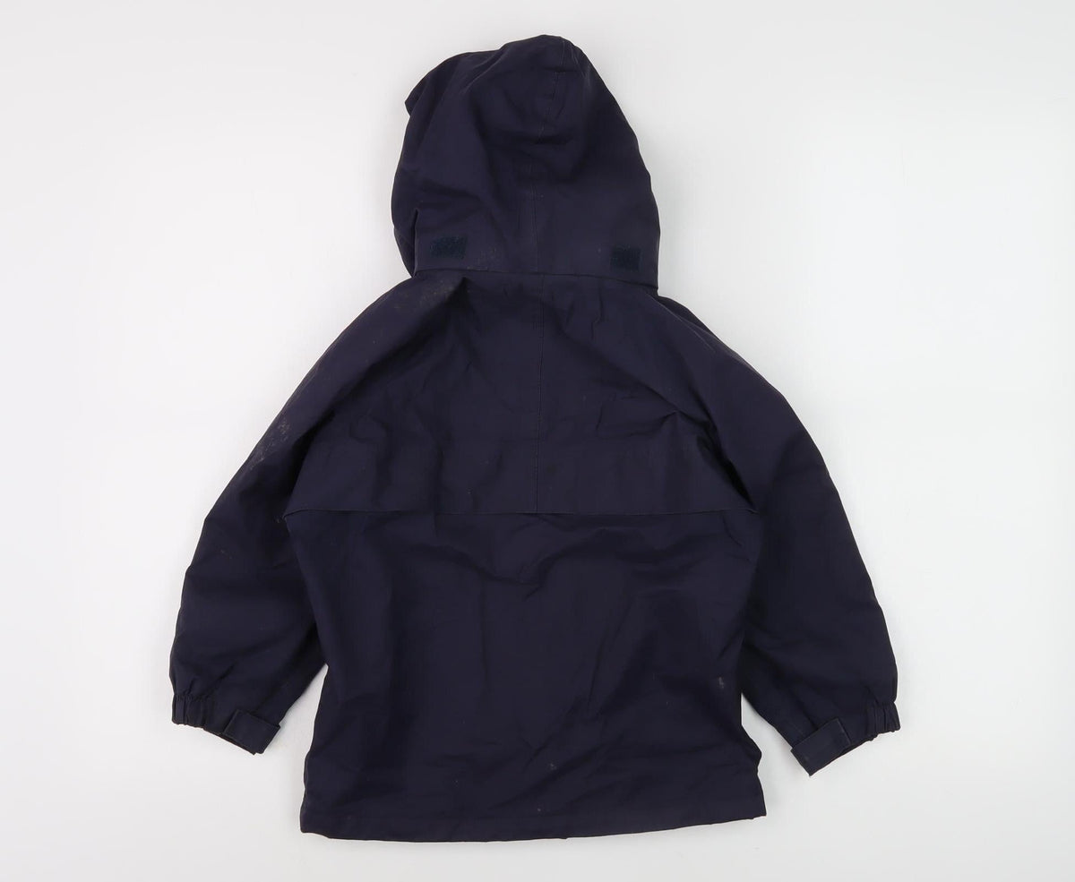 Back view of Target Dry boys’ blue waterproof hooded rain coat 3-4 years
