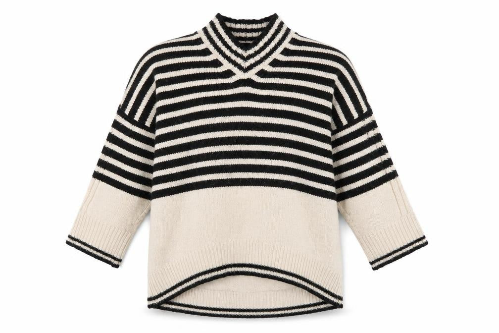 Next Women's Black Beige Striped V-Neck Jumper Size L
