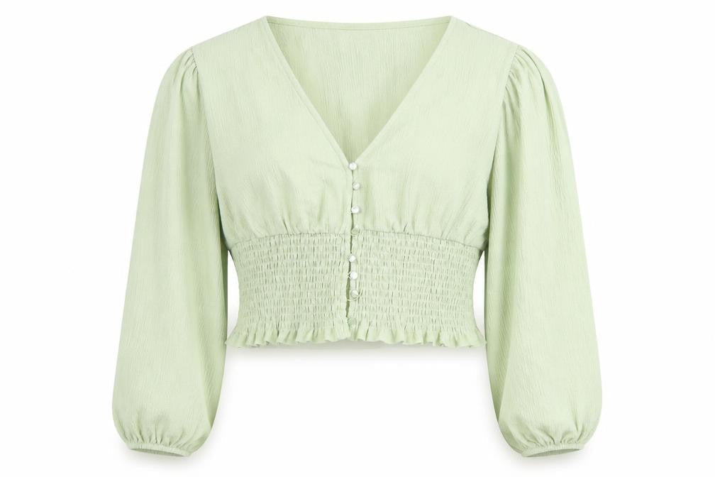 Monki Women's Green Cropped V-Neck Blouse, L