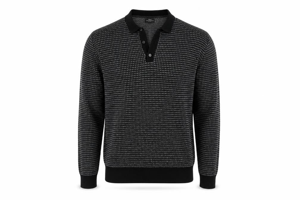 Next Men's Black Geometric Polo, Medium, Cotton, Long Sleeve