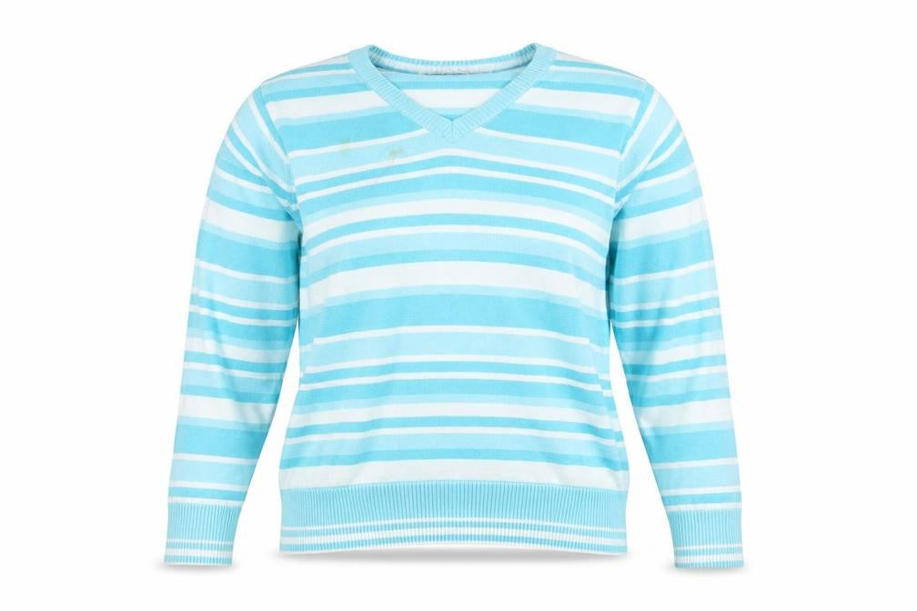 EWM Pure Classics Women's Blue Striped V-Neck Jumper M