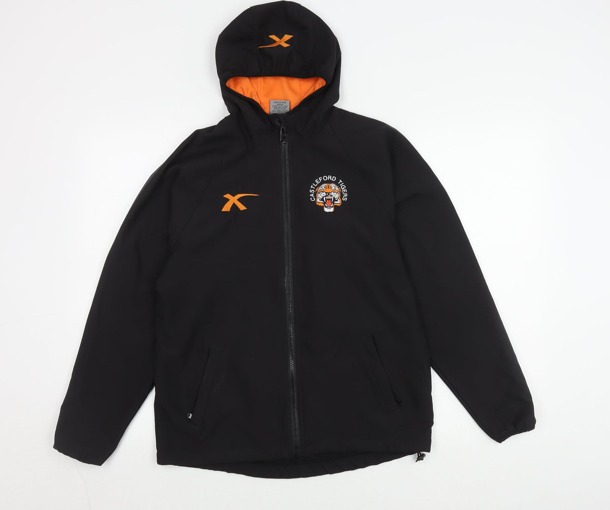 Additional front view of XBlades boys’ black basic jacket, size 12, rugby hooded