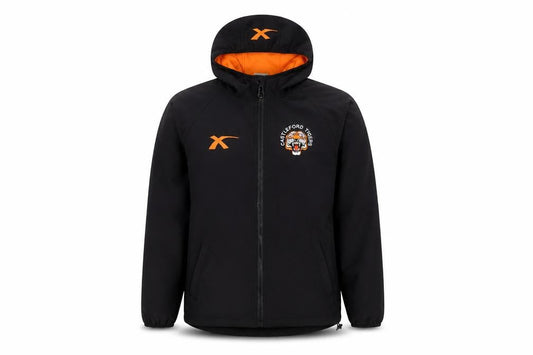 Front view of XBlades boys’ black basic jacket, size 12, rugby hooded