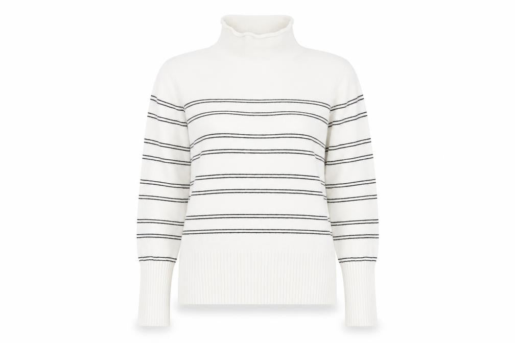French Connection Women's White Striped Roll Neck Jumper - M