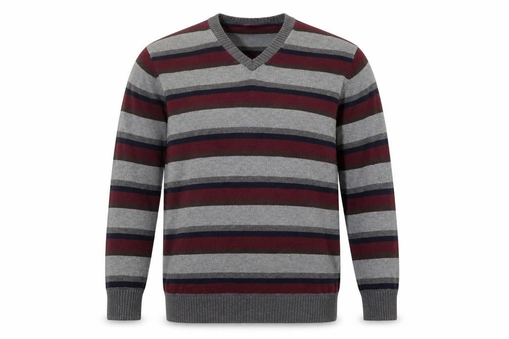 Marks & Spencer Men's Grey Striped V-Neck Jumper, M