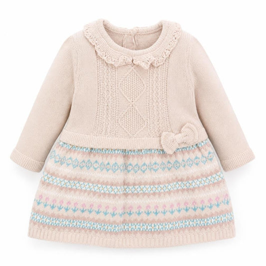 Maggie & Zoe Girls Beige Knit Dress, 0-3 Months with Bow Detail