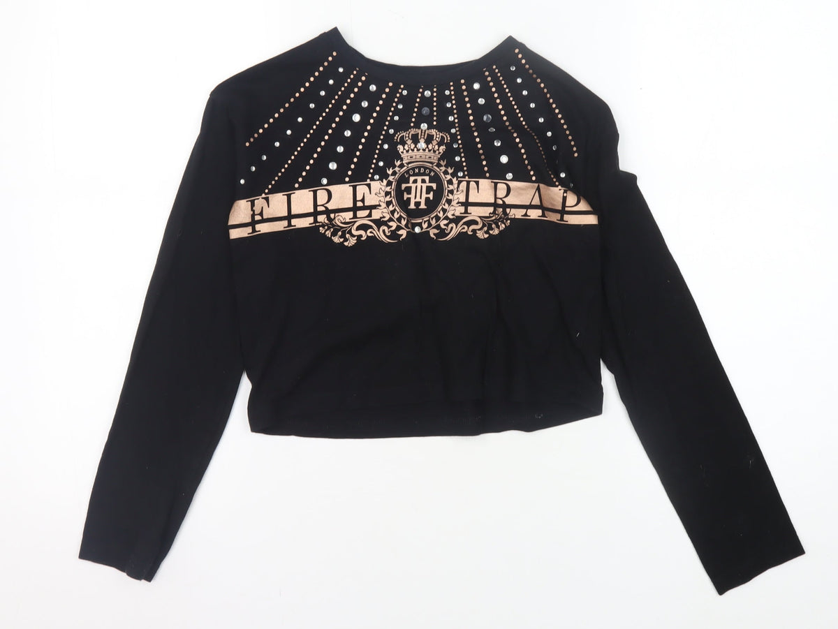 Additional front view of Firetrap girls’ black cropped t-shirt 9-10 yrs studded graphic