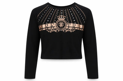 Front view of Firetrap girls’ black cropped t-shirt 9-10 yrs studded graphic