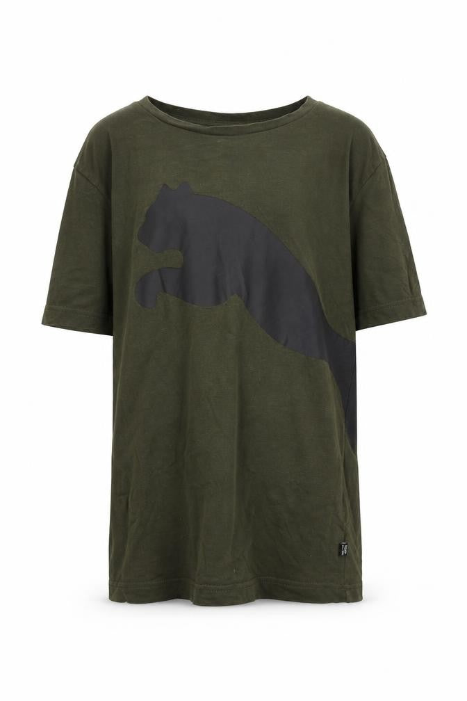 Front view of Puma boys’ green t-shirt, crew neck, logo, size 11-12, years