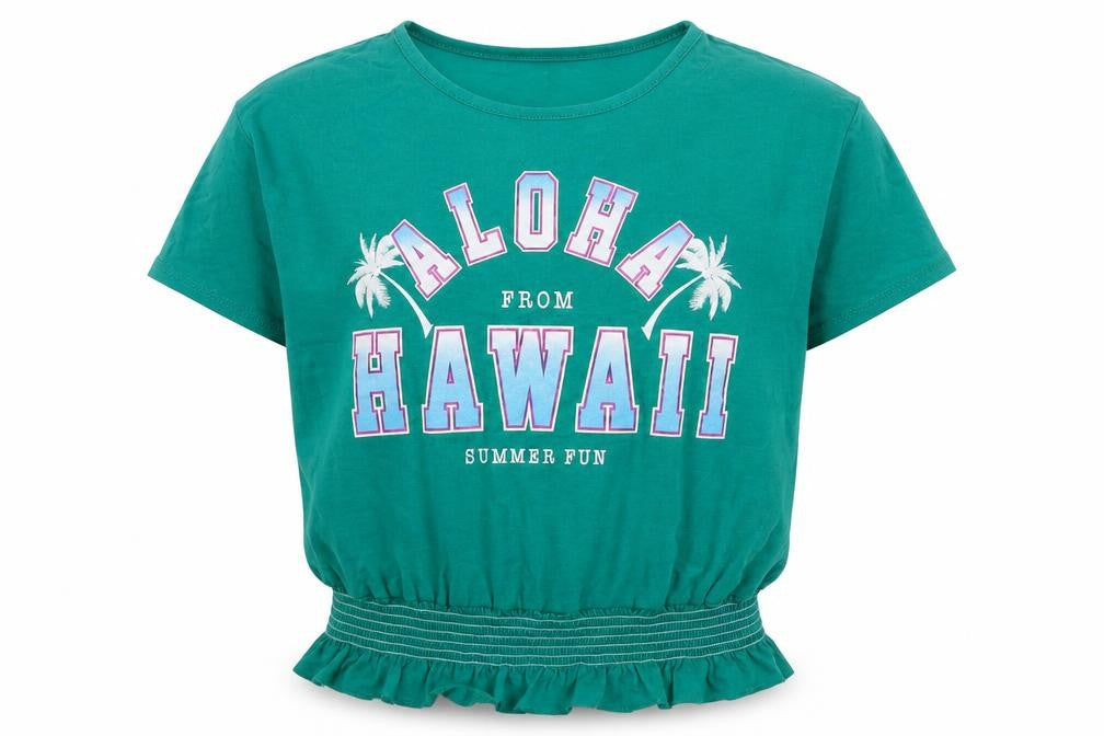 Front view of Candy Couture Green Cropped T-Shirt for girls’, 11 years