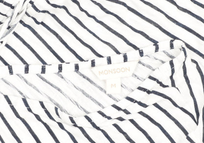 Monsoon Womens White Striped T-Shirt V-Neck Medium