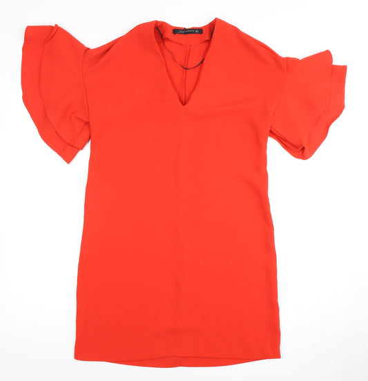 Zara Women's Red Shift Dress, Size 2, V-Neck, Flared Sleeve