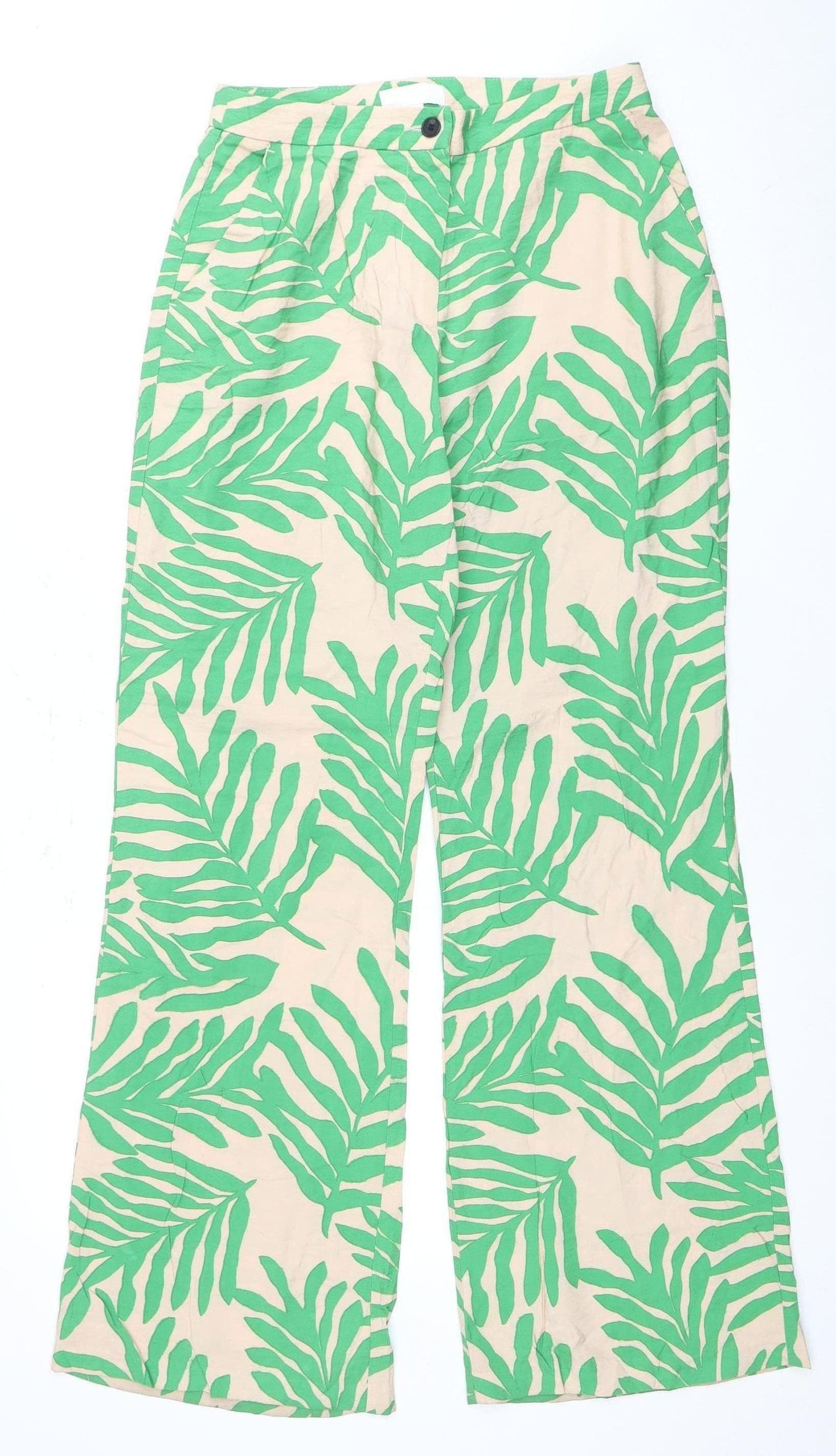 H&M Women's Green Beige Floral Trousers Size 10 Tropical
