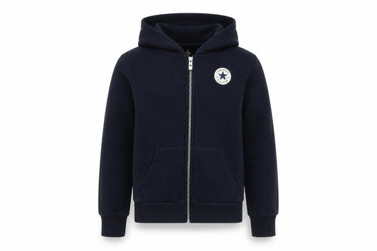 Front view of Converse boys’ black hooded jacket, size 10-12, full zip, casual