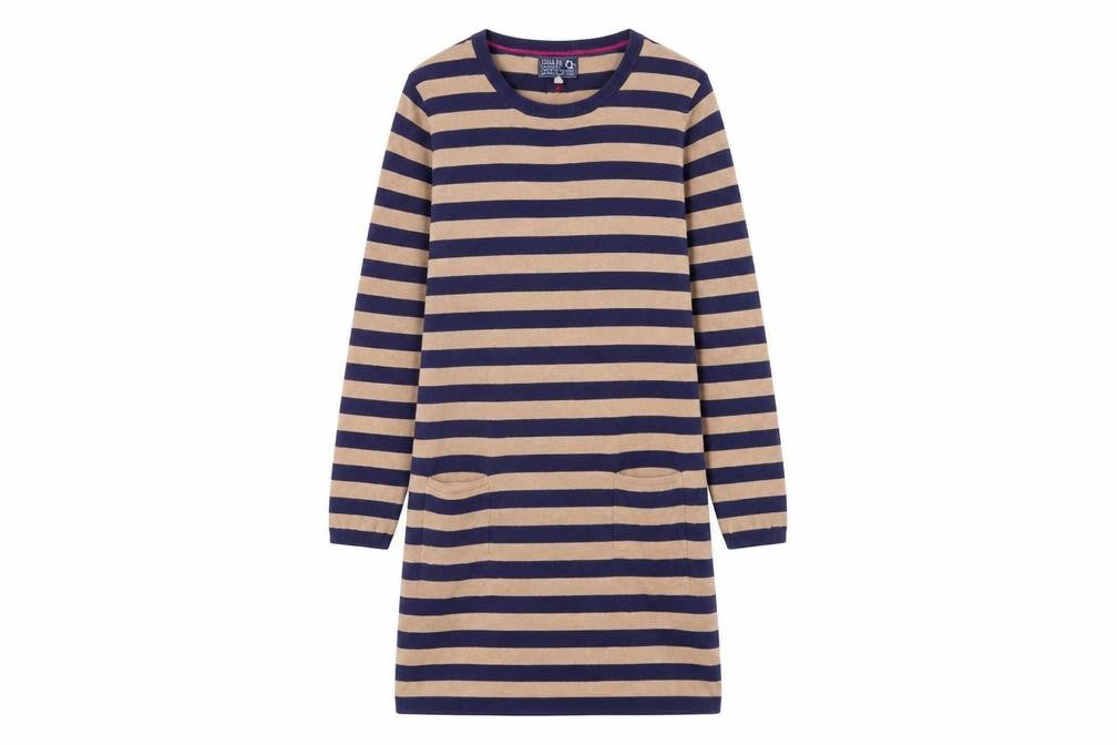 Joules Women's Beige Blue Striped Shift Dress Size 12