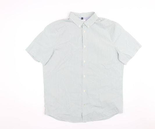 Marks and Spencer Men's Green Striped Shirt, L, Regular