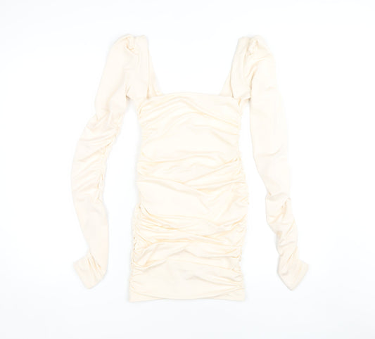 Oh Polly Women’s Ivory Ruched Long Sleeve Dress
