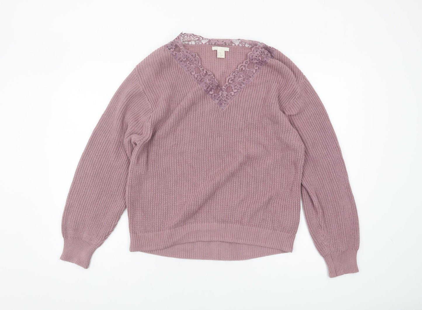 H&M Women's Purple Lace V-Neck Cotton Pullover Jumper XS