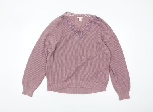 H&M Women's Purple Lace V-Neck Cotton Pullover Jumper XS