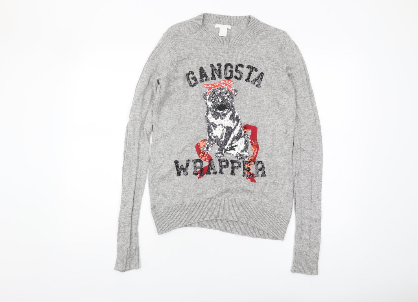 H&M Women's Grey Sequin Dog Christmas Jumper XS