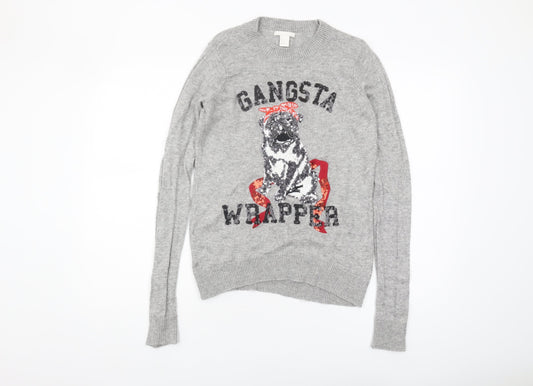 H&M Women's Grey Sequin Dog Christmas Jumper XS