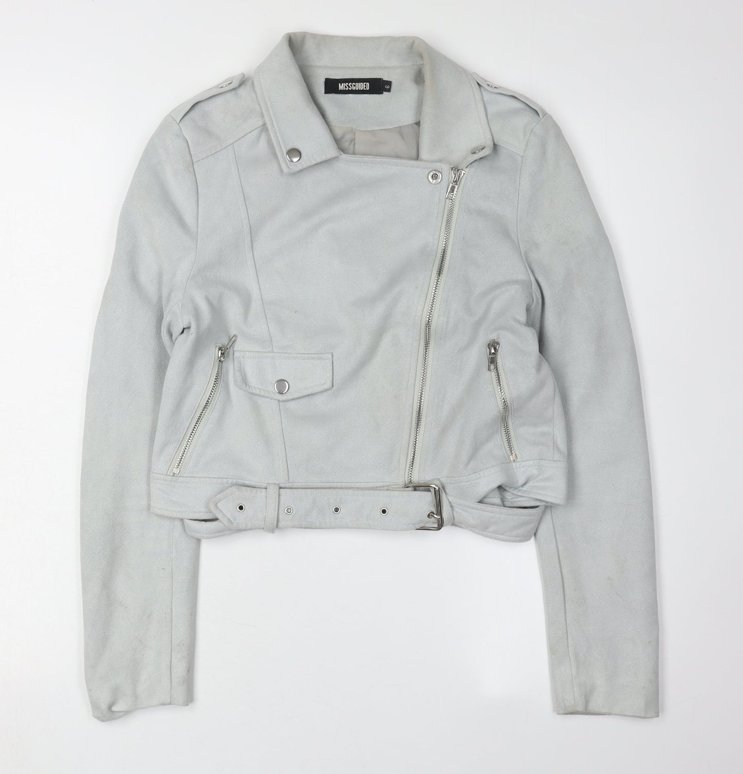 Missguided Women's Grey Cropped Biker Jacket Size 6