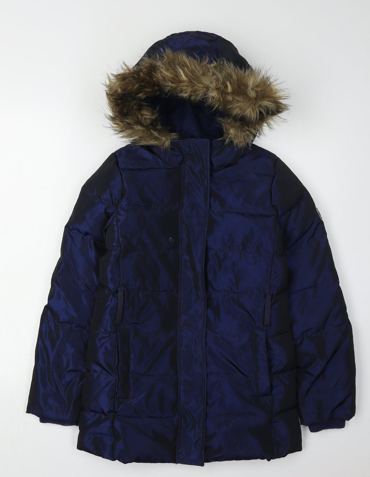 Additional front view of Gap girls’ blue puffer jacket 11 years winter hooded