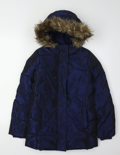 Additional front view of Gap girls’ blue puffer jacket 11 years winter hooded